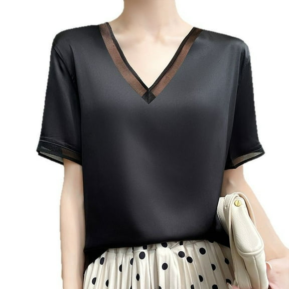 ShiShine Women's Satin T Shirt V-Neck Short Sleeve Shirt Loose Fit Casual Breathable Tee Summer Office Basic Tops