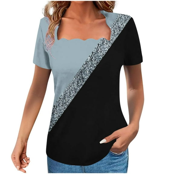 ShiShine Women's Scalloped Square Neck Short Sleeve Top Two Tone Glitter Trim Dressy Casual Summer Tunic