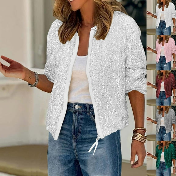 ShiShine Women's Sequin Jacket Open Front Puff Long Sleeve Short Blazer Casual Coat