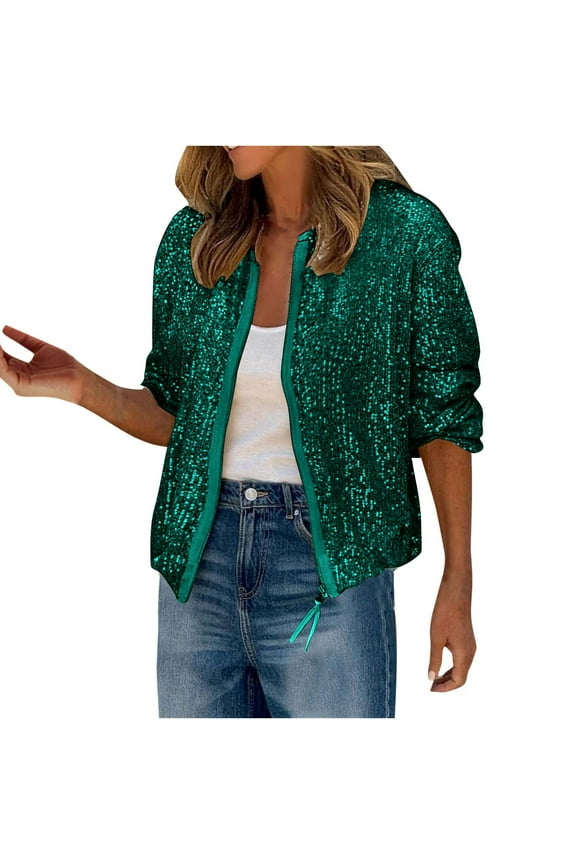 Women's Sequin Jacket Open Front Puff Long Sleeve Short Blazer Casual Coat