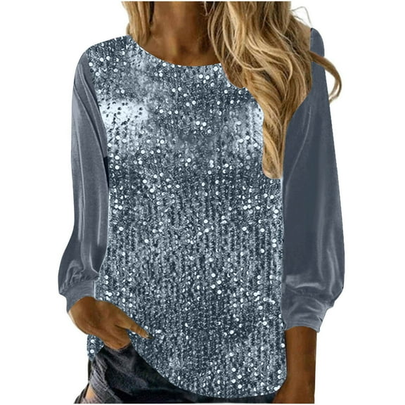 ShiShine Women's Sequin Tops Sheer Long Sleeve Glitter Sparkly Party Blouse V-Neck Dressy Tops for Evening Party