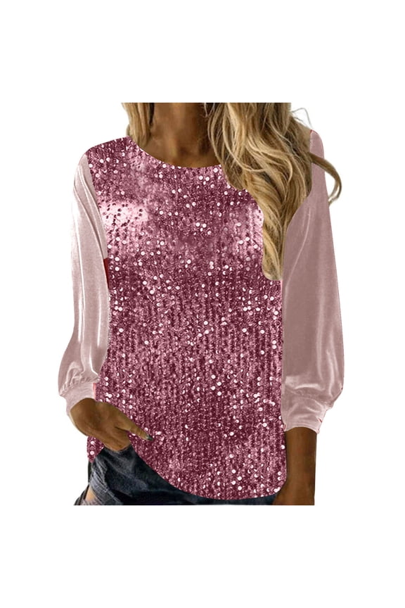 Women's Sequin Tops Sheer Long Sleeve Glitter Sparkly Party Blouse V-Neck Dressy Tops for Evening Party