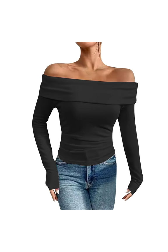 Women's Sexy Off Shoulder Tops Dressy Casual Slim Fit Long Sleeves Fall Blouse Going Out Shirt