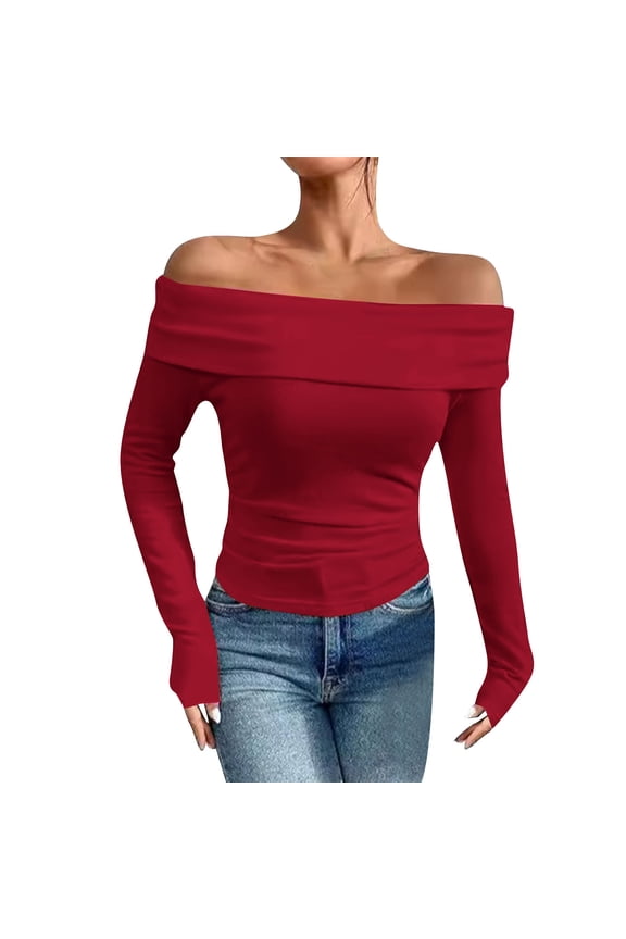 Women's Sexy Off Shoulder Tops Dressy Casual Slim Fit Long Sleeves Fall Blouse Going Out Shirt