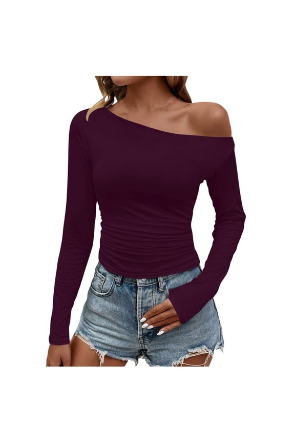 Women's Sexy One Off The Shoulder Tops Asymmetrical Neck Clothes Long Sleeve Shirt Slim Going Out Top