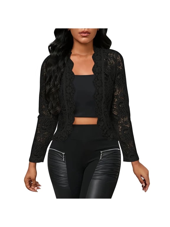 Women's Sheer Lace Jacket Blazer Long Sleeve Open Front See Through Jackets