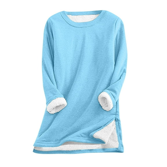 ShiShine Women's Sherpa Lined Crewneck Sweatshirt - Winter Warm Fleece Pullover Tunic Top with Side Split Loungewear