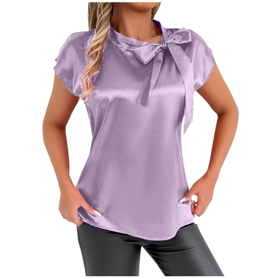ShiShine Women's Short Sleeve Blouse Bow Tie Neck Satin Shirts Casual Office Work Blouse Tops