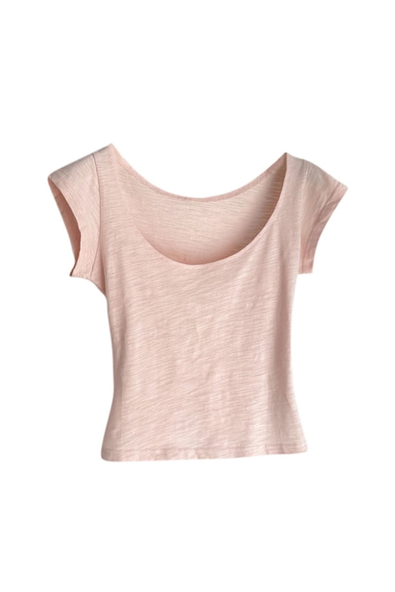 Women's Short Sleeve T-Shirts Low Scoop Neck Slim Fitted Casual Solid Color Longer Crop Top