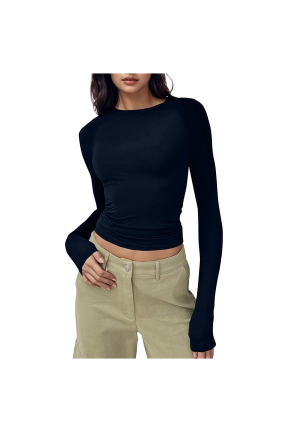 Women's Slim Fit Crop Tops Crewneck Skinny Shirt Long Sleeve Casual Basic Solid Color Going Out Tight Tee