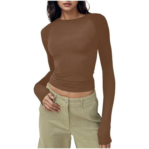 ShiShine Women's Slim Fit Crop Tops Crewneck Skinny Shirt Long Sleeve Casual Basic Solid Color Going Out Tight Tee