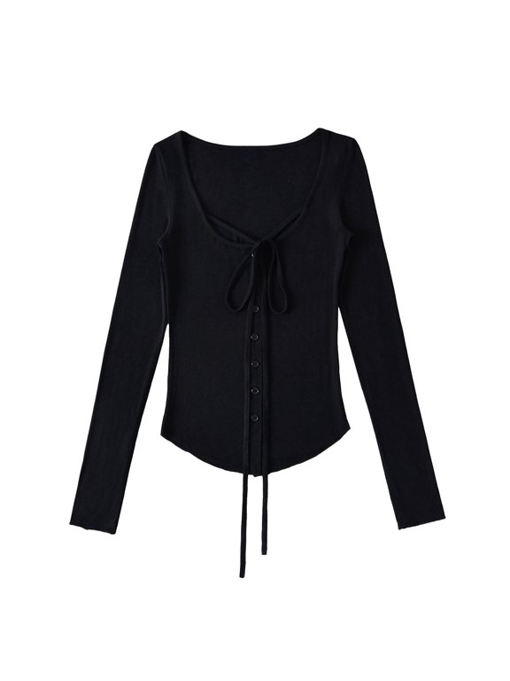 Women's Solid Top Cute Sexy Long Sleeve Tie-Front Blouse with Button Details Asymmetric Hem Waist-Defining Fit