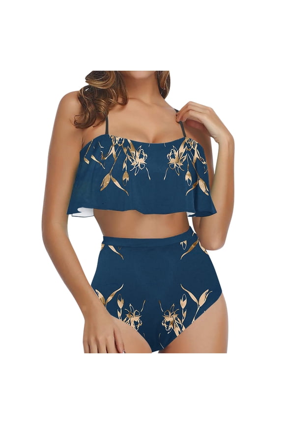 Women's Spaghetti Strap Bikini Sets 2 Piece Ruffled Printed Swimsuits High Waisted Bathing Suits