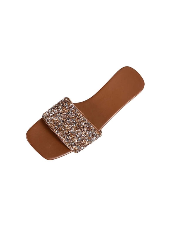 Women's Sparkly Rhinestone Flat Sandals Elegant Boho Square Toe Summer Slides Shoes Non Slip Wedding Slippers