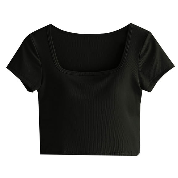 ShiShine Women's Square Neck Crop Top Short Sleeve T Shirts Built in Bra Slim Fitted Tops Cute Summer Basic Tees