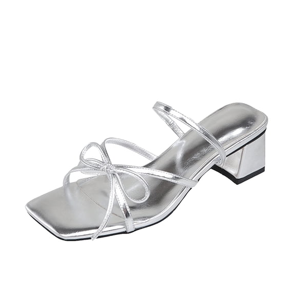 ShiShine Women's Square Toe Block Heel Sandals with Bow Accent Slip On Casual Summer Shoes for Party