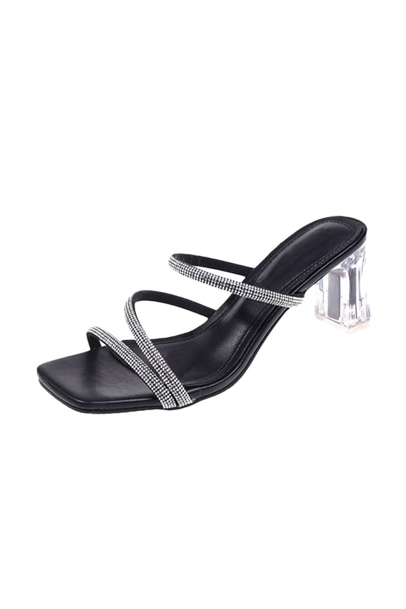 Women's Square Toe Heeled Mules with Rhinestone Accents Clear Block Heel Casual Summer Shoes for Party