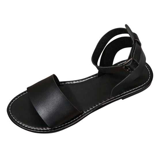 ShiShine Women's Strappy Ankle Strap Sandals Open Toe Faux Leather Flat Adjustable Buckle Slip On Comfortable Casual Shoes