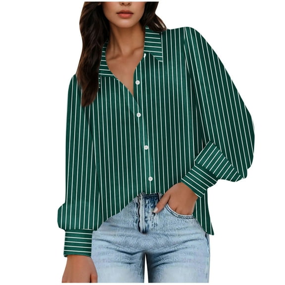 ShiShine Women's Striped Button Down Slim Fit Shirt Long Sleeve Collar Work Blouse Tops