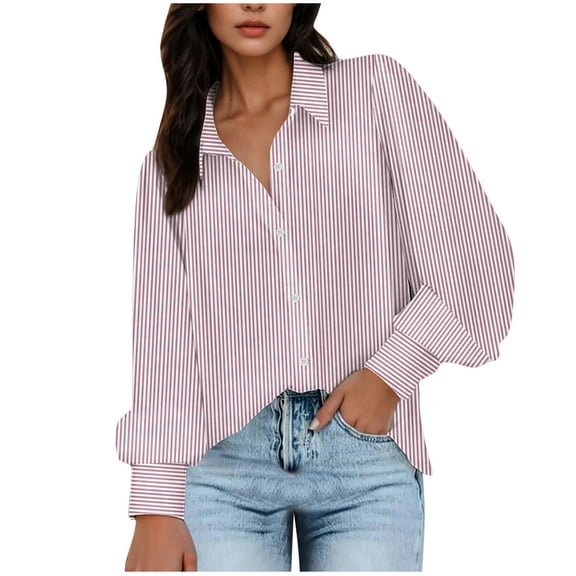 ShiShine Women's Striped Button Down Slim Fit Shirt Long Sleeve Collar Work Blouse Tops