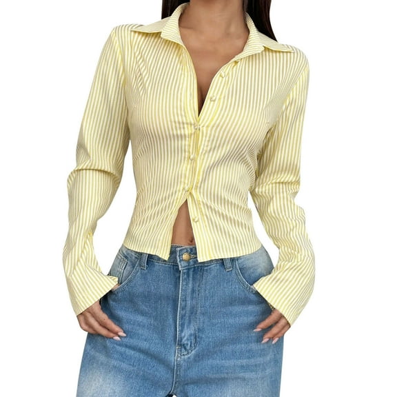 ShiShine Women's Striped Fitted Button Down Shirts Long Sleeve Shirt Office Work Blouse Tops