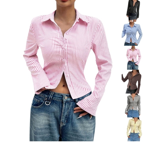 QINGFSAP Women's Striped Fitted Button Down Shirts Long Sleeve Shirt Office Work Blouse Tops