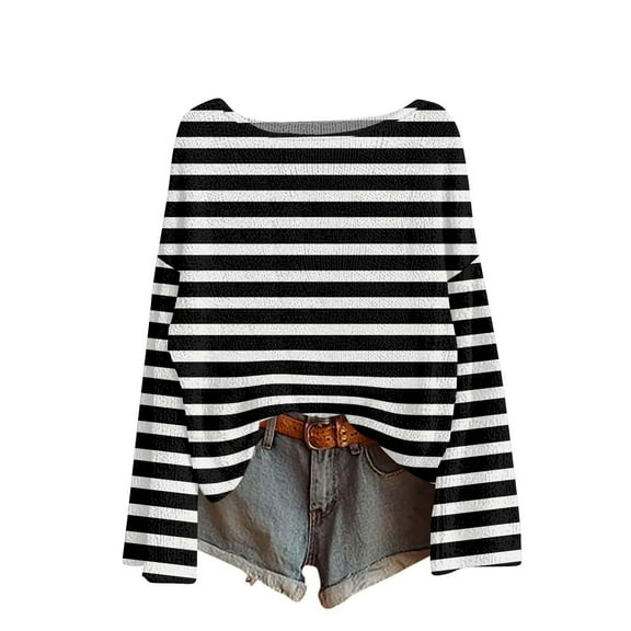 ShiShine Women's Striped Sweaters 2025 Fall Boat Neck Drop Shoulder Long Sleeve Oversized Casual Pullover Tops