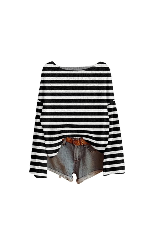 Women's Striped Sweaters 2025 Fall Boat Neck Drop Shoulder Long Sleeve Oversized Casual Pullover Tops