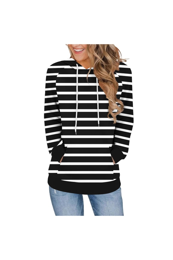 Women's Striped Sweatshirt Hoodies Pullover Long Sleeve Drop Shoulder Top with Pockets
