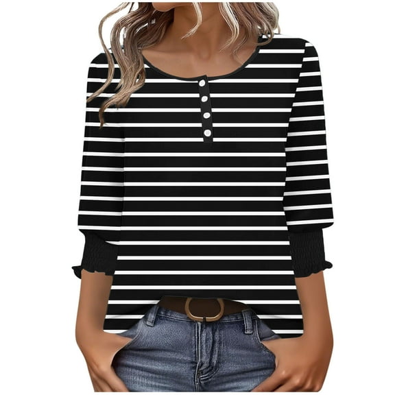 ShiShine Women's Striped Tunic Top Casual Button Down T Shirts Round Neck 3/4 Length Sleeve Fashion Outfits