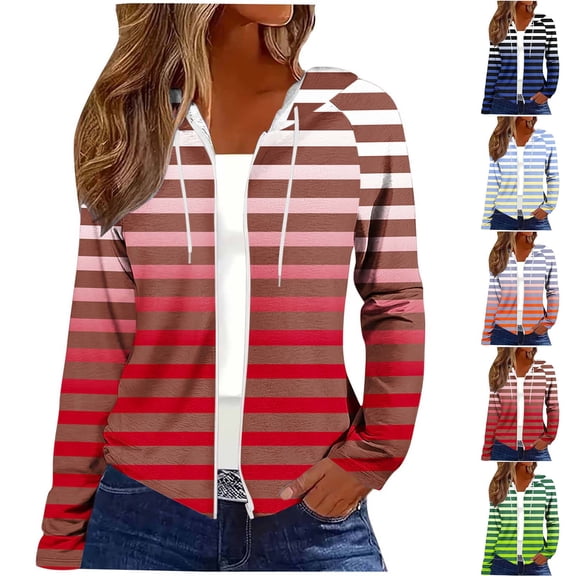 ShiShine Women's Striped Zip Up Hoodie Oversized Full Zip Drawstring Jacket Casual Pocket Sweatshirt