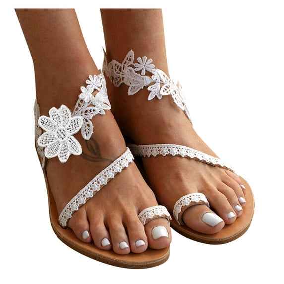 ShiShine Women's Summer Lace Splicing Ankle Strap Flat Sandals for Women Slip-On Flats Shoes Female Open Toe Beach Slippers