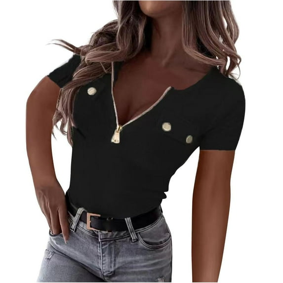 ShiShine Women's Summer Short Sleeve T-Shirt Half Zip Ribbed Knit Fitted Button Decor Tee Top T Shirt