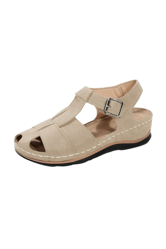 Women's T Strap Peep Toe Wedge Sandals Adjustable Buckle Cutout Padded Insole Stitched Lightweight Flexible Sole