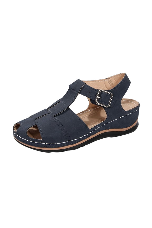 Women's T Strap Peep Toe Wedge Sandals Adjustable Buckle Cutout Padded Insole Stitched Lightweight Flexible Sole