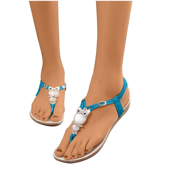 ShiShine Women's T-strap Flat Sandals Bohemian Owl Beaded Summer Beach Thong Sandals