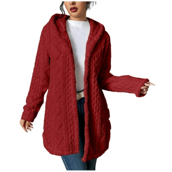 ShiShine Women's Textured Fleece Jacket - Casual Warm Hooded Long Sleeve Button Down Outerwear Coat