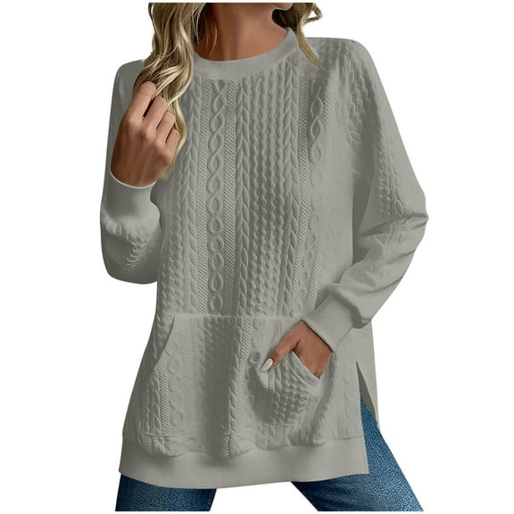 ShiShine Women's Textured Sweatshirts with Pocket Side Slit Loose Fit Long Sleeve Crew Neck Solid Color Everyday Casual Sweatwear