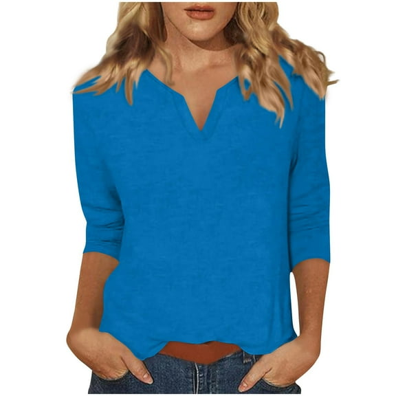 ShiShine Women’s V Neck 3/4 Sleeve T-Shirts Solid Color Casual Basic Tops Fall 2025 Tees Blouses Loose Fit Pullover
