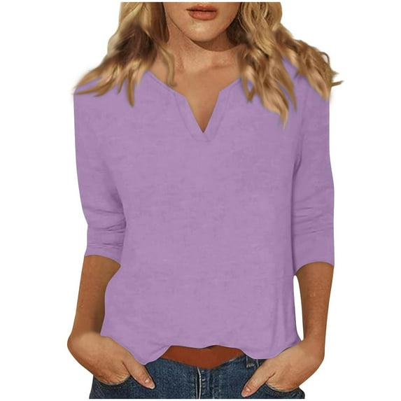 ShiShine Women’s V Neck 3/4 Sleeve T-Shirts Solid Color Casual Basic Tops Fall 2025 Tees Blouses Loose Fit Pullover