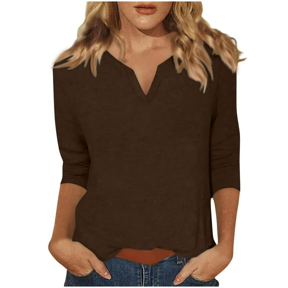 ShiShine Women’s V Neck 3/4 Sleeve T-Shirts Solid Color Casual Basic Tops Fall 2025 Tees Blouses Loose Fit Pullover