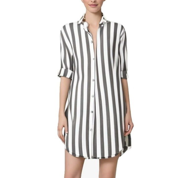 ShiShine Women's V Neck Striped Button Down 3/4 Sleeves Tshirt Dress Soft Button Sleep Dress
