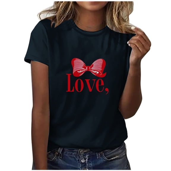 ShiShine Women's Valentine's Day T-Shirt Casual Short Sleeve Bow Love Graphic Print Tees Tops Summer Shirts Loose Blouse