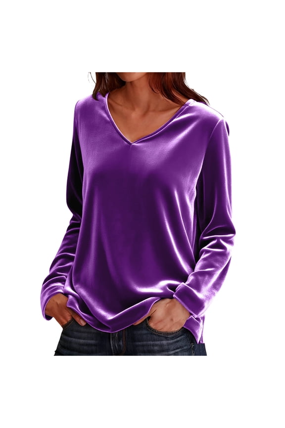 Women's Velvet V-Neck Long Sleeve Sweatshirt - Soft Warm Casual Pullover Velour Top 2025 Fall Fashion