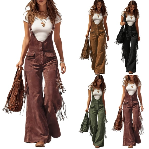 ShiShine Women's Vintage Western Overalls High-Waisted Fringe Wide-Leg Jumpsuit Adjustable Straps Cargo Pocket