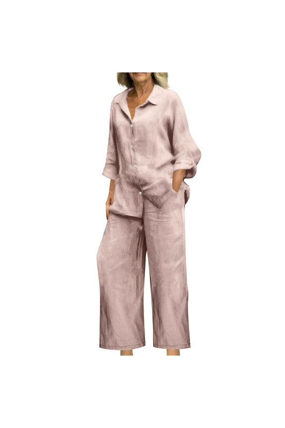 Womens 2 Piece Casual Sets Plus Size Lounge Outfits Long Sleeve Button Up Shirts Wide Leg Pants with Pockets