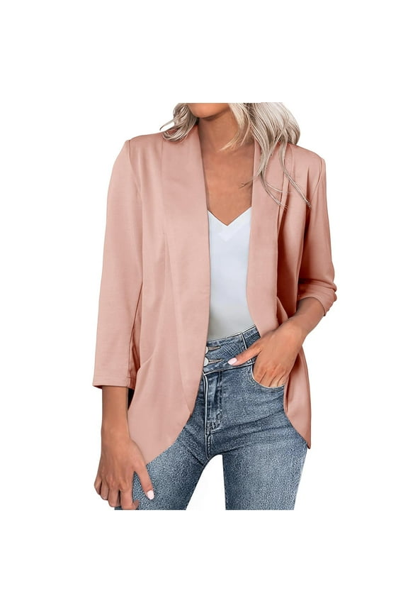 Womens 3/4 Sleeve Blazers Lightweight Open Front Cardigan Jacket Office Work Suits