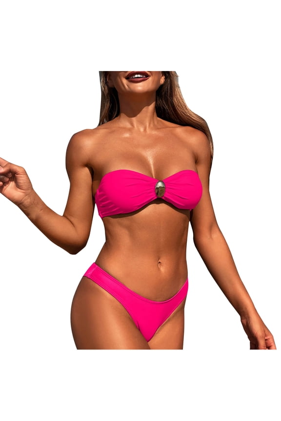 Womens Bandeau Bikini Sets Strapless Two Piece Swimsuit High Cut 2 Piece Swimsuit Solid Bathing Suit