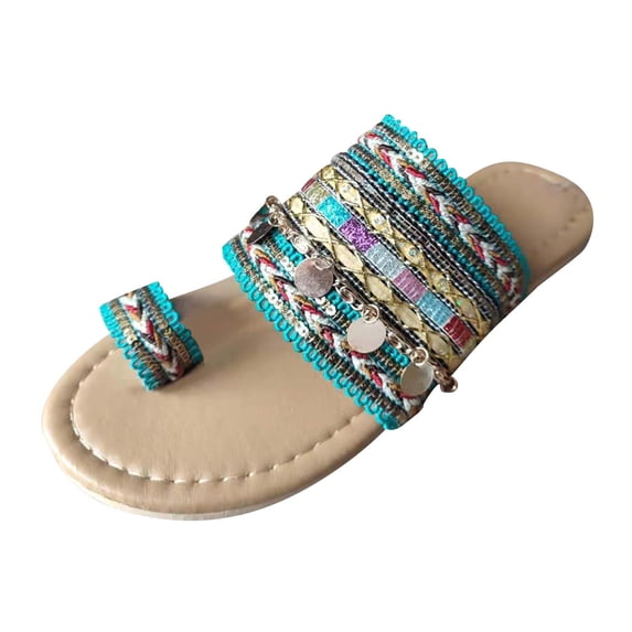 ShiShine Womens Beaded Embellished Toe Loop Slides Open Toe Flat Bohemian Vibrant Sandals