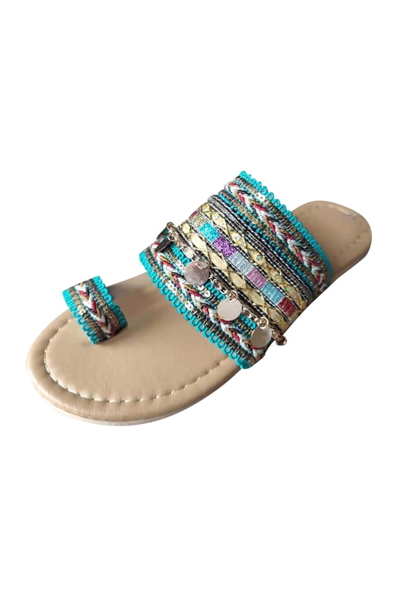 Womens Beaded Embellished Toe Loop Slides Open Toe Flat Bohemian Vibrant Sandals